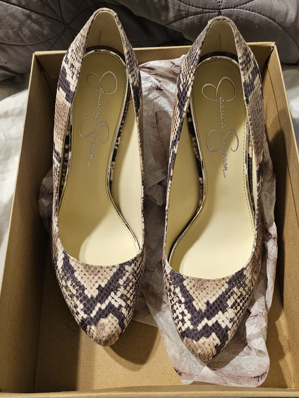Jessica Simpson Neutral Snake-Print Pointed Toe Pumps